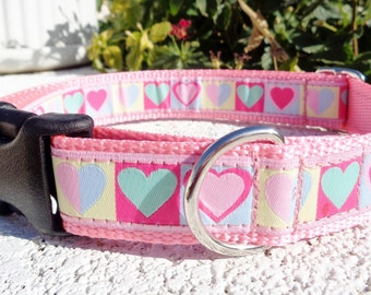 Dog Collar Quick Release Dog Collar Pink Hearts, 3/4” or 1” width adjustable, S -  L sizes, girl dog collar.