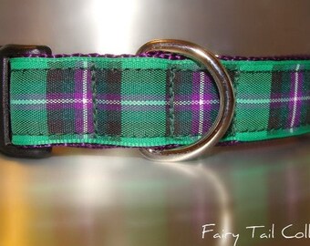 Dog Collar Quick release Kelly Tartan 1” width, adjustable, custom made, S - XL sizes