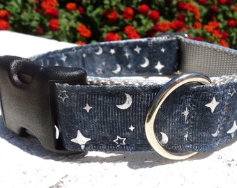 Celestial Dog Collar Quick Release Dog Collar or Martingale Dog Collar Stars and Moon, 1” width, sizes S - XL