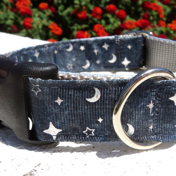 Celestial Dog Collar Quick Release Dog Collar or Martingale Dog Collar Stars and Moon, 1” width, sizes S - XL