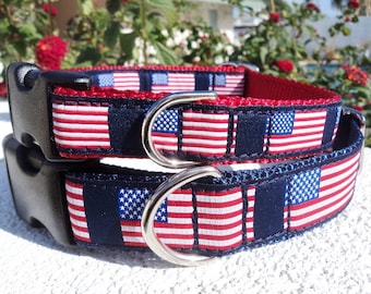 Dog Collar American Flag Quick Release Dog Collar or Martingale Dog Collar, 3/4” or 1”, S - XL sizes