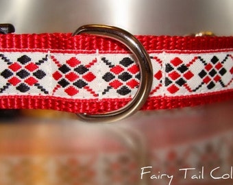Dog Collar Quick Release Dog Collar or Martingale Dog Collar Red & Black Argyle  3/4” or 1" width, adjustable, sizes S - XL