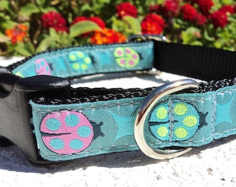 Dog Collar Quick Release dog collar Ladybugs 3/4” width, fully adjustable for small - medium + dog, Sizes S - M+