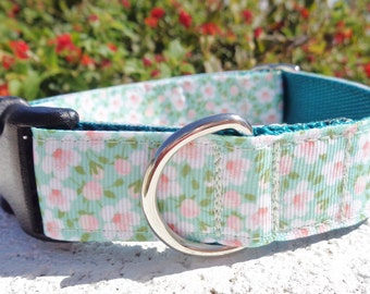 Dog Collar Quick Release Dog Collar or Martingale Dog Collar 1” width Floral Mint, custom made, sizes S - XXL