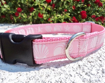 Dog Collar Pink sea shells; 3/4” or 1 ” Quick Release, S-L