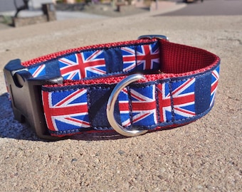 Dog Collar Union Jack Quick Release buckle or Martingale Collar 3/4” or 1” width fully adjustable, sizes S - L .