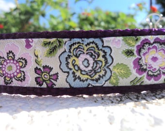 Small Dog Collar Quick Release Lavender Floral Jacquard ribbon 3/4” width small dog size 8"-12.5", choose web base color.