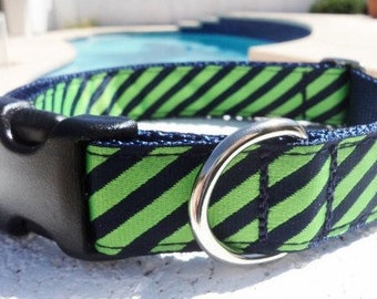 Dog Collar Quick Release Dog Collar Navy & Green Stripes, 1” width, adjustable, sizes S - XL