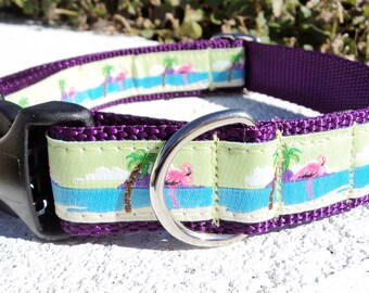 Dog Collar Quick Release Dog Collar Flamingo &  Palms dog collar, 1” width, custom made, adjustable, no Martingales, sizes S - Xl.