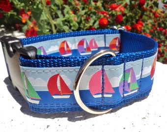 Wide Dog Collar Quick Release dog collar or Martingale dog collar, 1.5” width Nautical Sailing Bright, sizes S - XXL