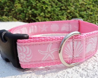 Dog Collar Quick Release dog collar or Martingale dog collar Pink shells 3/4” or 1” width, adjustable sizes S - XL