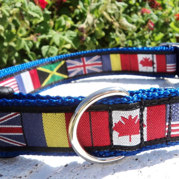 Dog Collar Quick Release dog collar or Martingale dog collar World Flags, 1”, custom made, Sizes S - XL