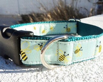 Dog Collar Quick Release Honey bee mint, 1" width, sizes 9"-12" or ready made 10”- 15” on teal web, last of ribbon