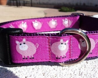 Dog Collar Quick Release Dog Collar or Martingale Dog Collar Pink Pig, 1" width, adjustable, custom made, sizes S - XL