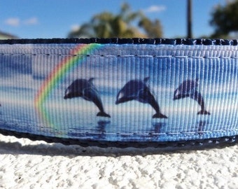 Dog Collar Quick Release Dog Collar or Martingale Dog Collar Dolphins & Rainbows 1" wide, adjustable, custom made, S - L