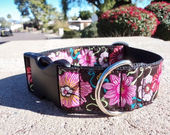 Wide Dog Collar Quick Release Dog Collar or Martingale Dog Collar, 1.5", Pink Morning Glory, adjustable, M - XL