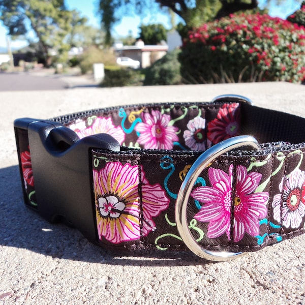 Wide Dog Collar Quick Release Dog Collar or Martingale Dog Collar, 1.5", Pink Morning Glory, adjustable, M - XL