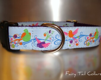 Dog Collar Quick Release Dog Collar or Martingale Dog Collar 1" width Fantasy Birds, sizes S - XL