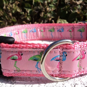 Dog Collar Pink Flamingos Quick release buckle or Martingale  1” fully adjustable, sizes S - XXL