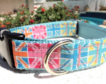 Dog Collar Quick Release Dog Collar or Martingale Dog Collar Union Jack Flag Pastel, 1” width S - XL size