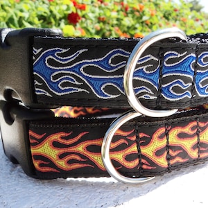 Flames Dog Collar Quick Release buckle or Martingale Flames in Orange or Blue ribbon, 1” width, Sizes S - XL
