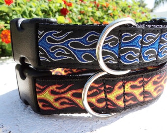 Dog Collar Quick Release dog collar or Martingale dog collar Flames in Orange or Blue ribbon, 1” width, Sizes S - XL