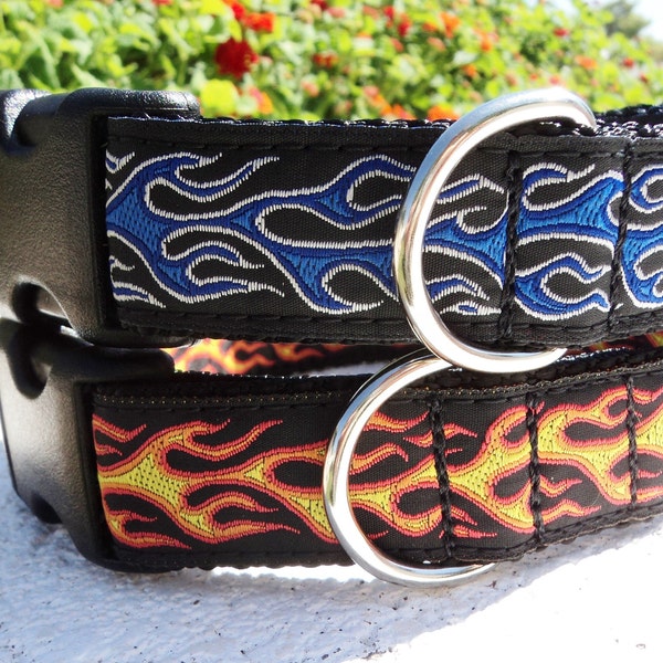 Dog Collar Quick Release dog collar or Martingale dog collar Flames in Orange or Blue ribbon, 1” width, Sizes S - XL