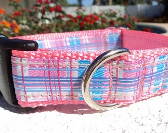Dog Collar Quick Release dog collar or Martingale dog collar 1" wide, Pink & Blue Plaid, sizes S-XL