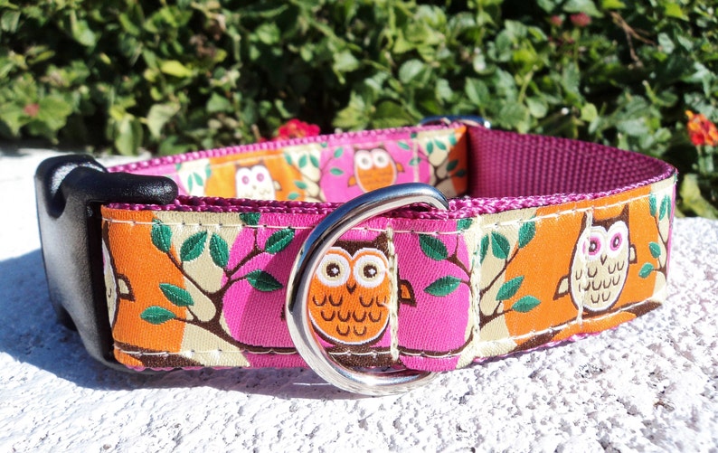 Dog Collar Quick Release dog collar Pink Owls, 1, fully adjustable, custom collar, sizes S XL image 1