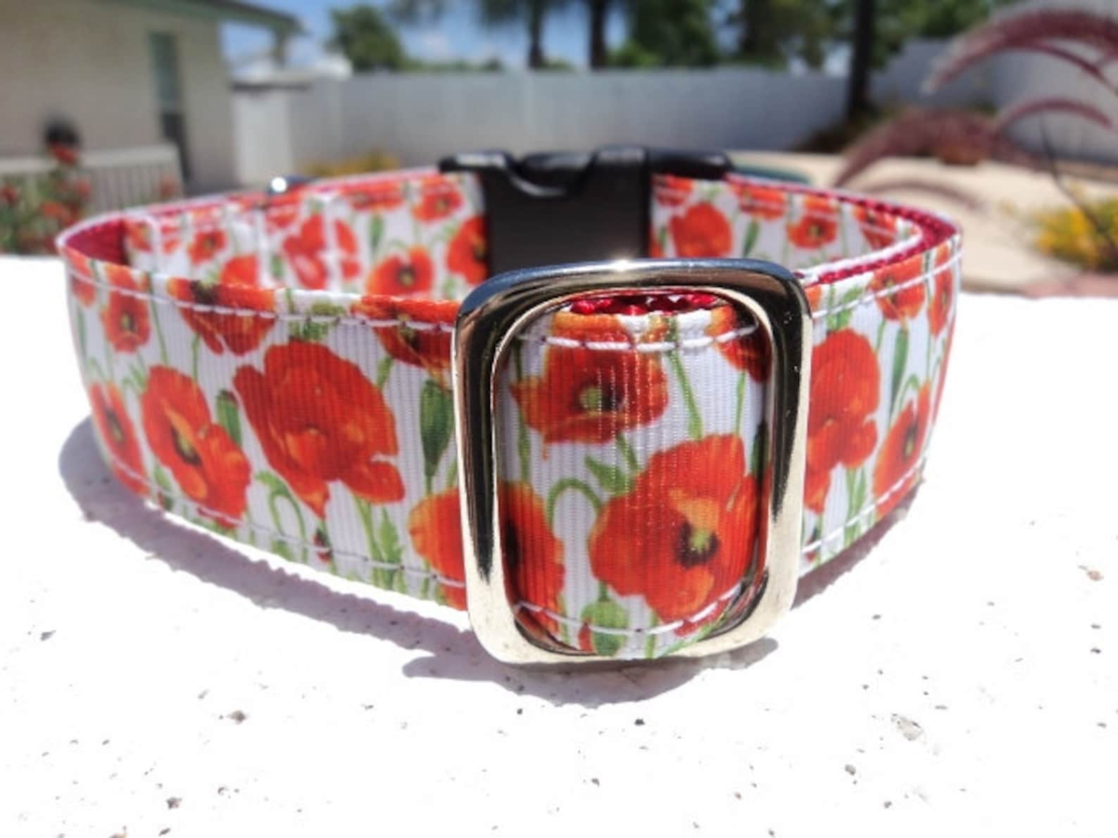 Red Poppy Dog collar 3/4 or 1 Side Release or Etsy