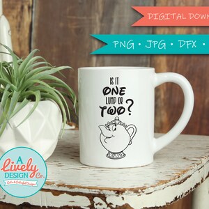 May include: White ceramic mug with a black outline of a teapot with a face and the text "Is it one lump or two?" printed on it.