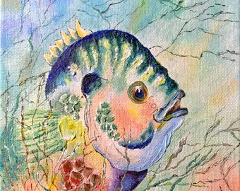 Bluegill / Bream Fish, original artwork by Dalia, 6x6 acrylic on canvas, wall deco painting