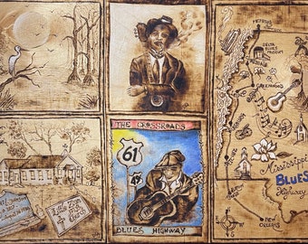 Mississippi Blues Trail - wood burning, pyrography artwork, blues music history, original, including MS map