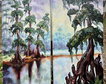 Majestic Cypress Trees of the South, Impressionist, Van Gogh style, DUO acrylic on canvas, original artwork painting