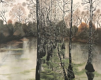 Southern Reflections - original, acrylic on canvas - Mississippi landscape, Cypress trees on swamp water, artwork by Dalia