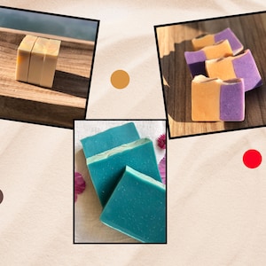 May include: Three bars of handmade soap, one is yellow and white, one is purple and yellow, and one is blue and green.
