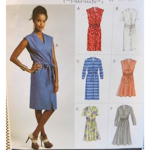 May include: A woman models a blue sleeveless dress with a V-neck, button-down front, and tie waist. The image also shows dress patterns in red with white polka dots, white, blue striped, peach, floral, and grey designs.