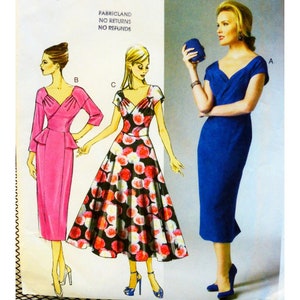 May include: Image of a vintage sewing pattern featuring three dress designs. One is a long-sleeved pink dress, another is a floral print dress, and the third is a blue dress. The pattern includes the text "FABRICLAND NO RETURNS NO REFUNDS."