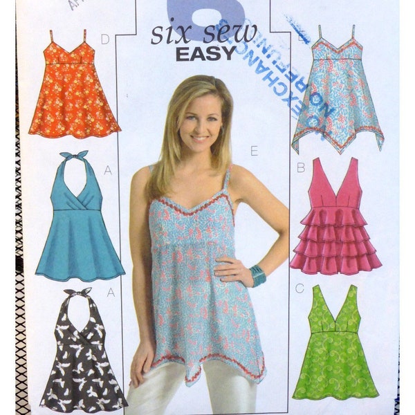 6 Summer Tops Pattern, Halter, V- neck, Straps, High Waist, Ruffles, Flare, Asymmetrical, Butterick 4800 UNCUT Size  6 8 10 12