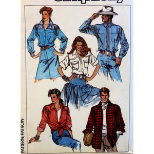 Unisex Western Shirt Pattern, Shaped Yoke, Collar, Collarband, Shaped Hem, Long Sleeves, Pockets, Simplicity 8178 UNCUT Size Medium, Size 14
