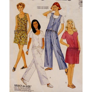 May include: A sewing pattern featuring four different styles of clothing: a floral print dress, a white top with white pants, a striped jumpsuit, and a pink dress with pockets. The pattern includes instructions for selecting different sizes for tops and bottoms. "Select-A-Size" is written at the bottom of the pattern.