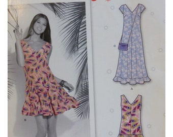 May include: A sewing pattern for a sleeveless dress with a V-neckline and a tiered skirt. The dress is shown in two different fabric patterns, one with a peacock feather design and the other with a floral design. The pattern also includes a separate pattern for a small handbag.