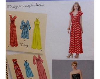 High Waist Dress Pattern, V- Neck/ Halter/ Strapless, Maxi/ Knee, Wrapped Sash, Pleated Bodice, Simplicity 1804 UNCUT Size 6 8 10 12 14