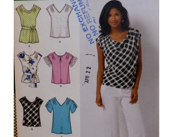 Loose Summer Top Pattern, Drape/ Round/ Front Slit/ V- Neck, Cap/ Short Sleeves, 2 Lengths, Simplicity 2594 UNCUT Size 8 10 12 14 16 18