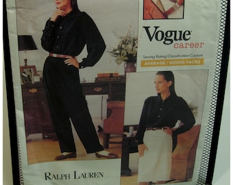 Ralph Lauren Pleated Pants and Shirt Pattern, Back Welt Pockets, Shirttail Blouse, Yoke, Fitted Skirt, Vogue 2254 UNCUT Size 6 8 10