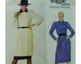 80s Valentino Straight Dress Pattern, Concealed Side Front Zipper, Long Sleeves, Collar, Blouson Waist, Belted, Vogue 1012 UNCUT Size 12