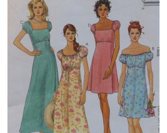 Off Shoulder Empire Waist Dress Pattern, Elastic Neck/ Square Neck, Peasant, Puff Sleeves, Mini, Maxi, Mccalls 9340 UNCUT Size 10 12 14