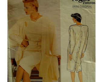 80s Claude Montana Kimono Sleeve Jacket Pattern, Straight Dress, V- Neck, Banding, Button Back, Button Sleeves, Vogue 1308 UNCUT Size 12