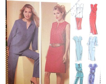 Straight Dress Pattern, Pullover Tunic, Front Slit, Sleeveless/ Short/ Long Sleeve, Pockets, Skirt Simplicity 5680 Size 6 8 10 12 OR Size 14