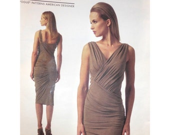 Donna Karan Bodycon Dress Pattern, Fitted Triangular Seams, Stretch Fabric, Draped, Sleeveless, Open Back, Vogue 1342 UNCUT Size 4 6 8 10 12